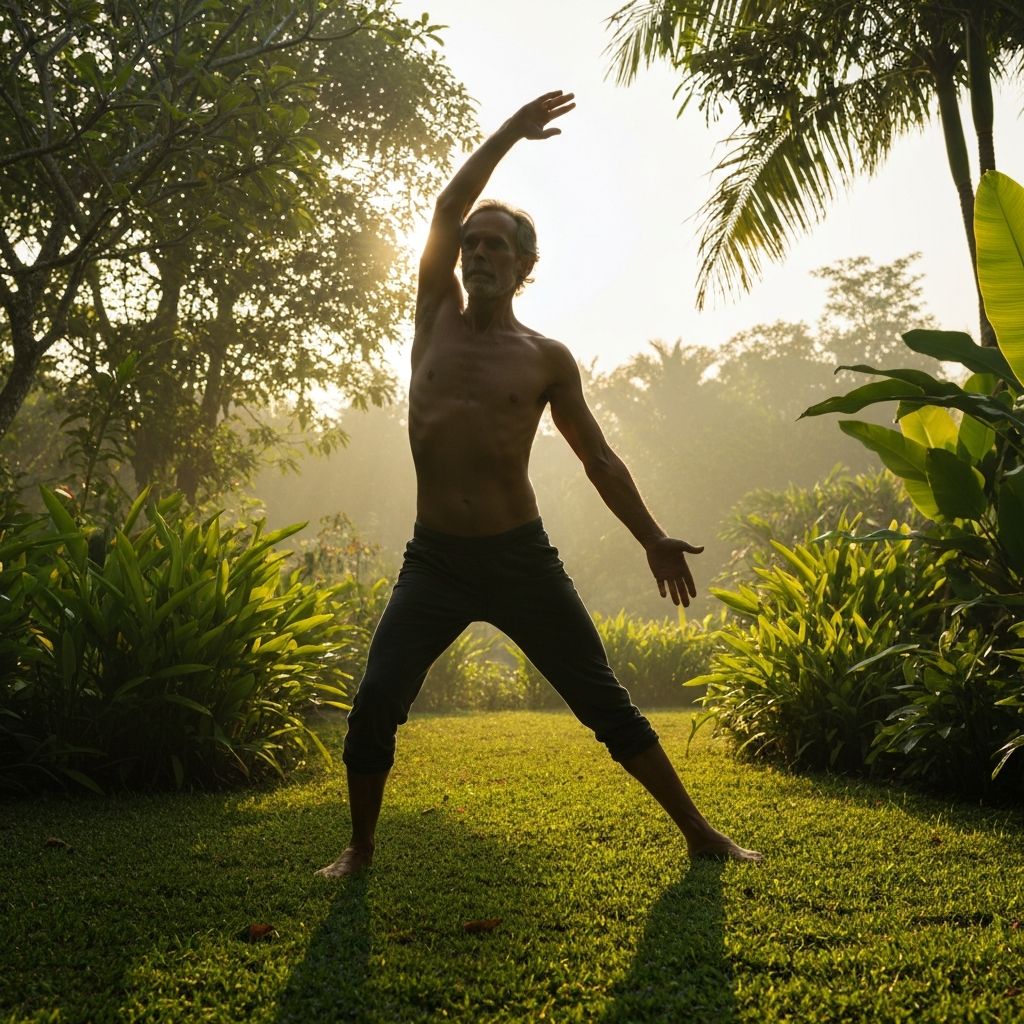 Siluet pria melakukan peregangan pagi di taman tropis yang tenang