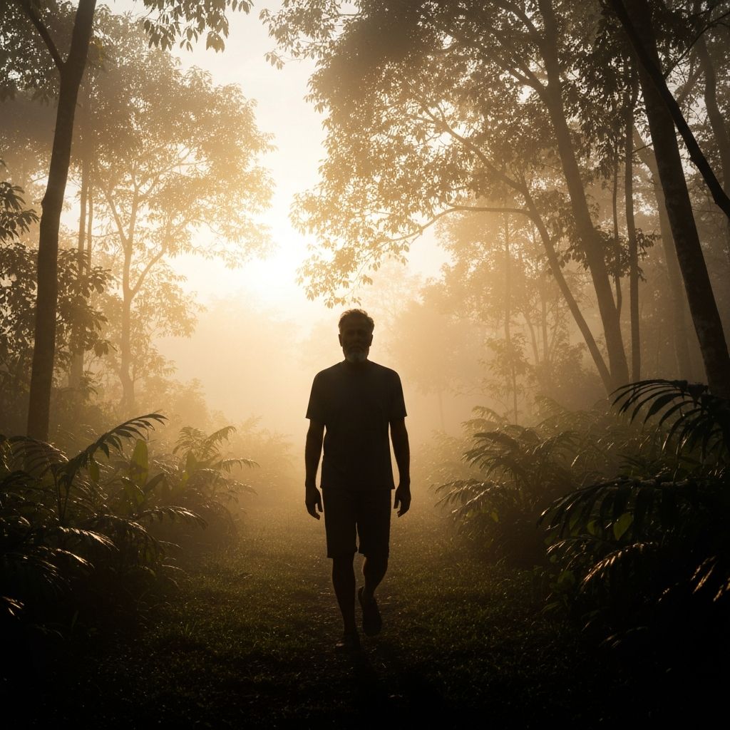 Siluet pria berjalan damai di hutan tropis saat fajar